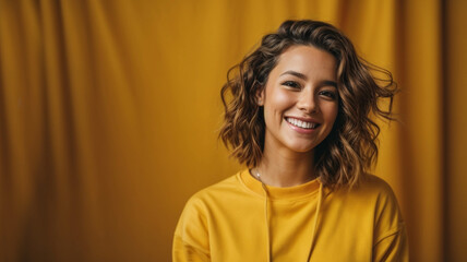 Happy young Caucasian woman, smiling and laughing, dressed in comfortable clothes, yellow sweatshirt. Yellow background