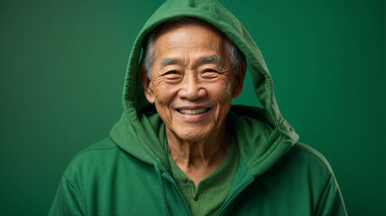 happy young old asian man, smiling and laughing, dressed in comfortable clothes, green sweatshirt for clothing sale mockup and print on demand on green background - obrazy, fototapety, plakaty