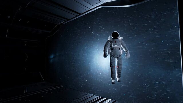 An astronaut floating outside the door of a spacecraft in outer space.