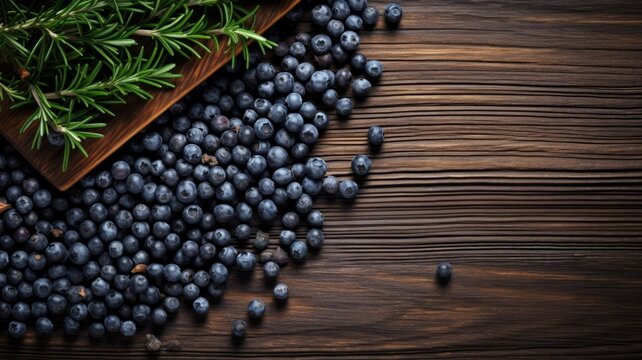 Fresh Organic Juniper Berry Photorealistic Horizontal Background. Healthy Vegetarian Diet. Ai Generated Background with Delicious Juicy Juniper Berry On Wooden Countertop with Copy Space.