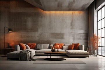 Contemporary living room with empty concrete wall. 3D illustration. Generative AI