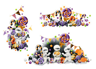 Halloween sweets set. Cute mummies with pumpkins, candies, hanging flags and confetti. Illustration for postcards, scrapbooking, decoupage cards. - 657683506