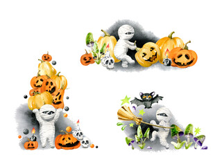 Halloween set. Cute mummies and ghosts with pumpkins and holiday attributes. Illustration for postcards, scrapbooking, decoupage cards. - 657683520