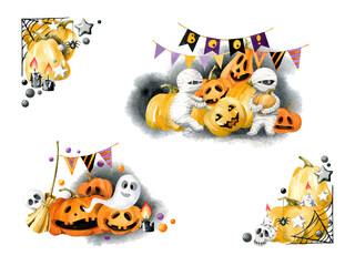 Halloween set. Cute mummies and ghosts with pumpkins, hanging flags, confetti and holiday attributes. Illustration for postcards, scrapbooking, decoupage cards. - 657683543