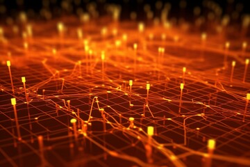 A vibrant backdrop with network lines symbolizing connectivity in a futuristic setting. 3D rendered in orange and yellow. Generative AI