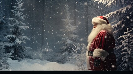 Santa Claus in a magical, snow-covered forest setting, surrounded by towering evergreen trees and softly falling snowflakes. Santa's red suit contrasts beautifully with the serene white landscape.