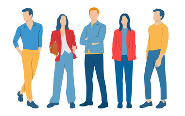 Obraz premium Set of young men and women, different colors, cartoon character, group of silhouettes of standing business people, students, design concept of flat icon, isolated on white background