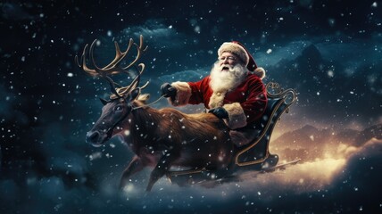 Santa Claus in his sleigh, ready to take flight on Christmas Eve. a dynamic the sleigh, reindeer, and Santa in his traditional outfit against a starry, moonlit night sky.