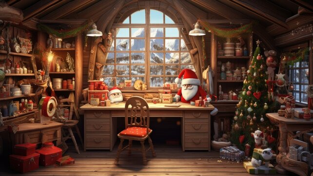 Santa Claus in his whimsical workshop, crafting toys and checking his list. the cozy, clutter-free environment where the magic happens, with a minimalist, modern twist.
