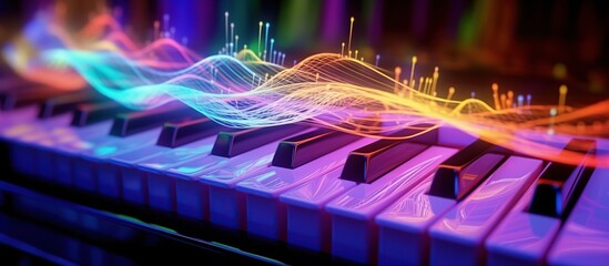 musical notes in sound waves with neon colors on a piano musical instrument - obrazy, fototapety, plakaty