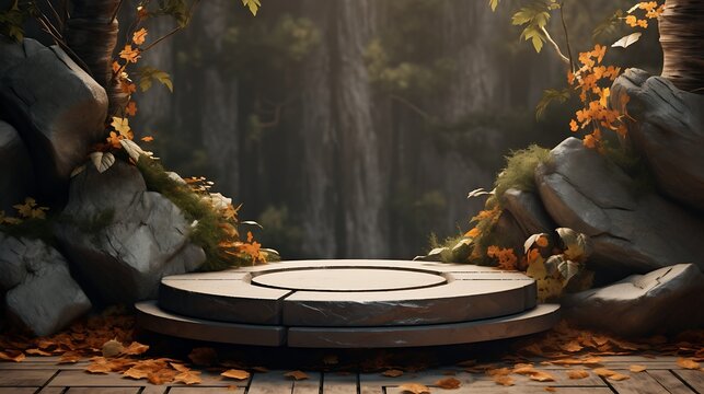 forest Autumn lots of leaves and natural stone decorations.  Podium for product presentation.  AI Generative