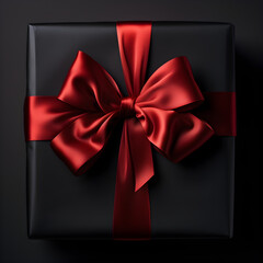 Black gift with red bow and black background. Generative ai. 