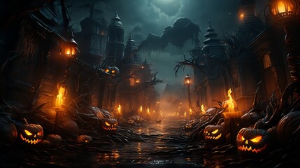 halloween pumpkins spooky halloween theme banner background - obrazy, fototapety, plakaty