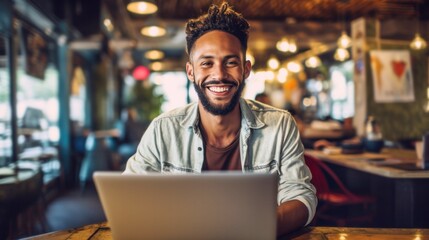 smiling african american man freelancer working on laptop in cafe
