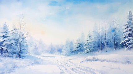 Fototapeta na wymiar Winter forest landscape watercolor illustration