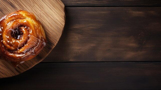 Freshly Baked Sticky Bun Photorealistic Horizontal Background. Crusty Pastry, Gourmet Bakery. Ai Generated Background with Aromatic Traditional Sticky Bun On Wooden Countertop with Copy Space.
