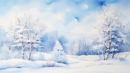 Winter forest landscape watercolor illustration