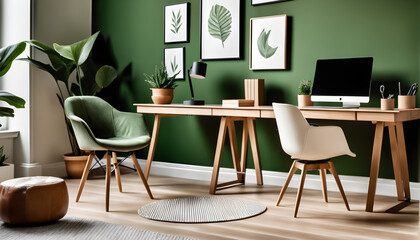 Modern home office with wooden desk and office chair against of green wall. Scandinavian interior design of modern living room.