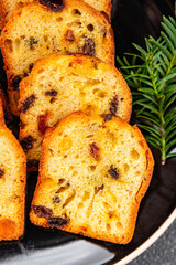 fruit cake sweet pastry dried fruits cherries, dried apricots, prunes, raisins Christmas sweet dessert treat new year and meal food snack on the table copy space food background