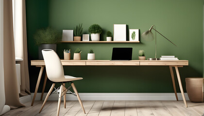 Modern home office with wooden desk and office chair against of green wall. Scandinavian interior design of modern living room.