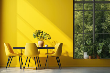 Interior design minimal dining room, interior minimalist style, interior design room yellow wall with cozy and comfortable, three-dimensional, generative ai.
