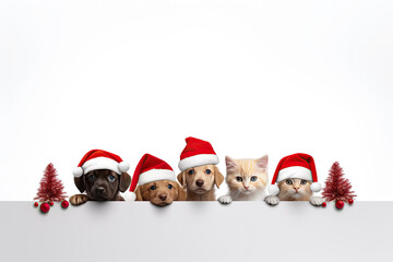 Kittens and puppies in Santa Claus hats peek out behind a blank gray banner with New Year...