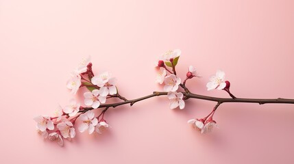 Single elegant cherry blossom twig diagonally positioned on pink background with blank space for text or branding. 