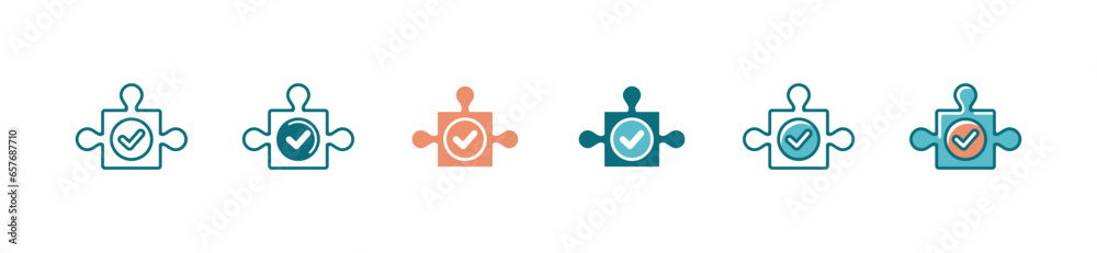 Poster business problem solution creative idea approved jigsaw piece icon vector puzzle challenge mission with checkmark element symbol illustration for web and app template design