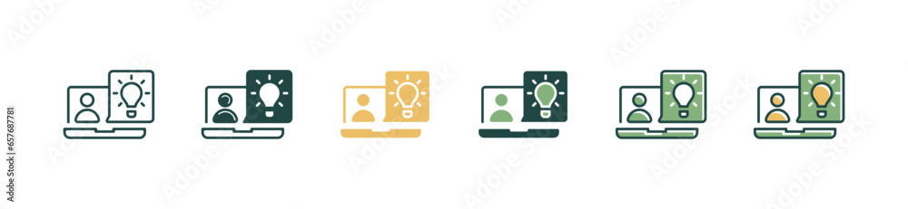 Poster online meetings give ideas for problem solving business with laptop and lightbulb icon vector creati