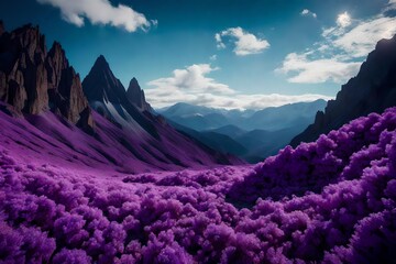Create a surreal landscape where the mountains are made of amethyst crystals, and the sky is a canvas of sparkling topaz - obrazy, fototapety, plakaty