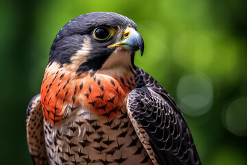 Obraz premium The side view portrait of a red with black pattern falcon looking right isolated on blurred background, Generative AI.