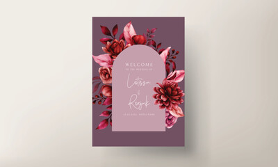 beautiful maroon flower and leaves wedding invitation template