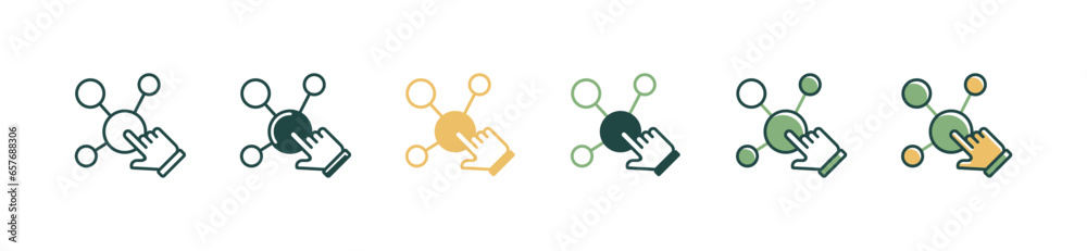 Poster network business connection online community circle icon with hand pointer clicking center group link vector. Communication hub global social distribution symbol illustration