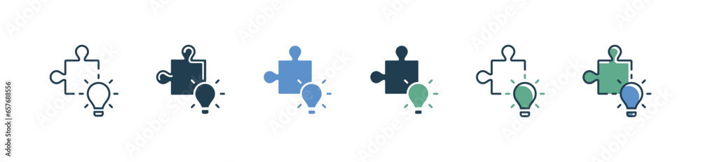 Poster simple business creative solution with puzzle piece icon vector problem solving jigsaw part and lightbulb symbol outline illustration for web and app
