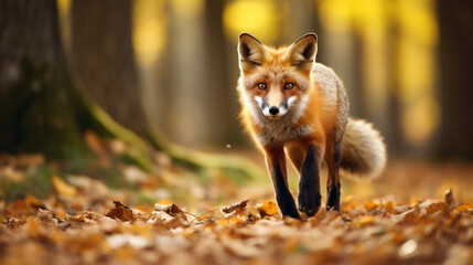 Naklejka na ściany i meble Cute Red Fox, Vulpes vulpes in fall forest. Beautiful animal in the nature habitat. Wildlife scene