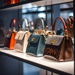 Luxury handbags on display in a high end fashion store. Generative ai.   - obrazy, fototapety, plakaty