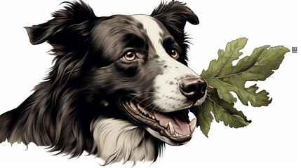 Border Collie dog is holding a leaf with his mouth and looking from the down above. ai generative