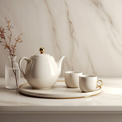 White ceramic teapot and cup on the white marble table 3d rendering