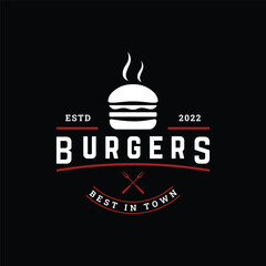 Retro vintage hot burger fresh and tasty logo design. Logo for restaurant, business, label, badge and emblem.