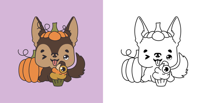 Cute Halloween German Shepherd Dog Illustration and For Coloring Page. Cartoon Art Halloween Dog.