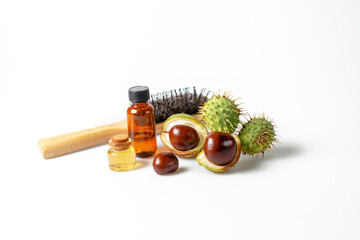 Autumn horse chestnut with peel, bottles with oil and chestnut extract and comb. Hair care concept - 657690963