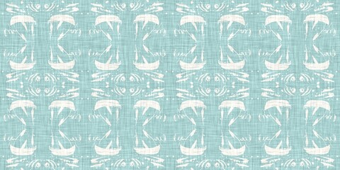 Aqua teal blue white vibrant watercolor batik azulejos tile border banner background. Seamless coastal blur linen effect geometric mosaic effect.Boho Patchwork nautical masculine summer ribbon trim. 