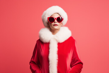 Woman with modern red Christmas Santa costume and large sunglasses - obrazy, fototapety, plakaty