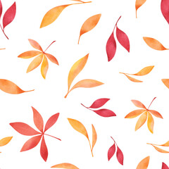 Seamless pattern with colorful autumn leaves. Watercolor botanical illustration of falling leaves, hand-drawn. Template for decoration and design.