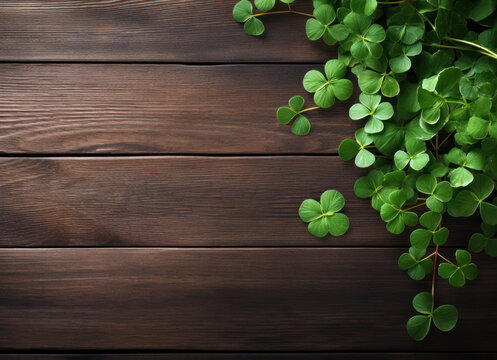 Shamrock leaves on dark wooden background. St. Patrick's Day Greeting Card/Invitation template. 
