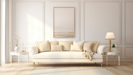 Cream-Colored Sofa with Off-White Pillows in a Room with Ivory Walls