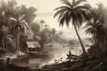 Tropical palm landscape with huts and river, in ancient grey tone etching style. Artist: De Berard, 1862. Generative AI - obrazy, fototapety, plakaty