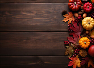 Autumn pumpkins, leaves and dry berries on right side, wooden background on left side. 