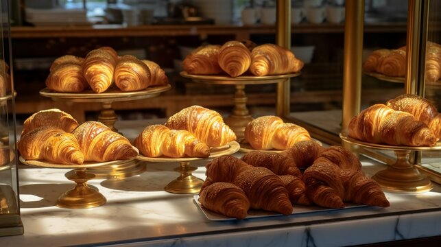 a charming patisserie display, with rows of golden croissants and pain au chocolat, their flaky and buttery layers enticing customers to take a bite