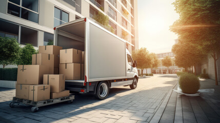 Moving truck full of boxes. Relocation/ moving apartment concept. - obrazy, fototapety, plakaty